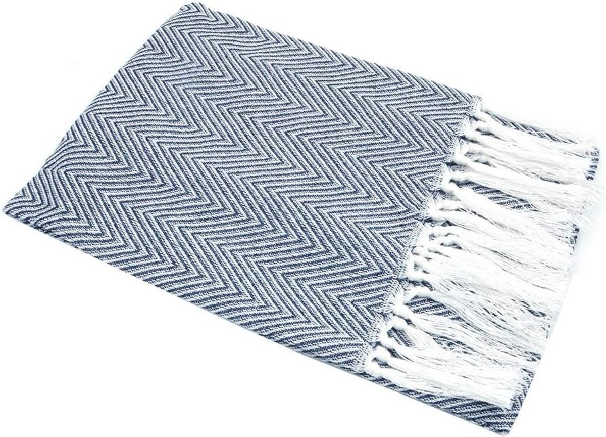 Dailygoods - Set van 2 Katoenen Theedoeken met Golvende Strepen en Kwastje - Blauw