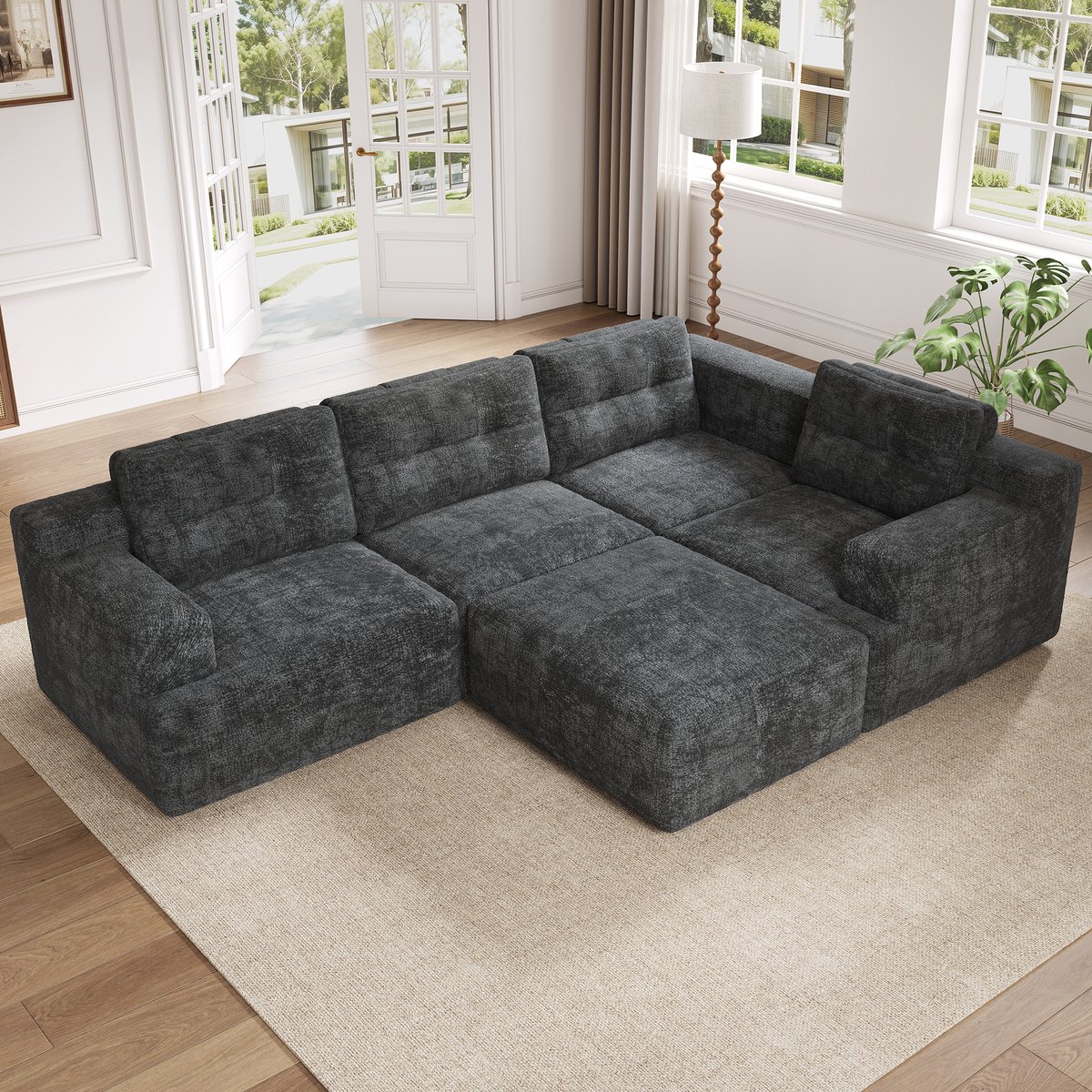 FloraGrace U-Bank 252 x 180 x 82 Cm - Modulair Design Zonder Montage Met Hocker - Voor Woonkamer Of Slaapkamer - Chenille - Grijs