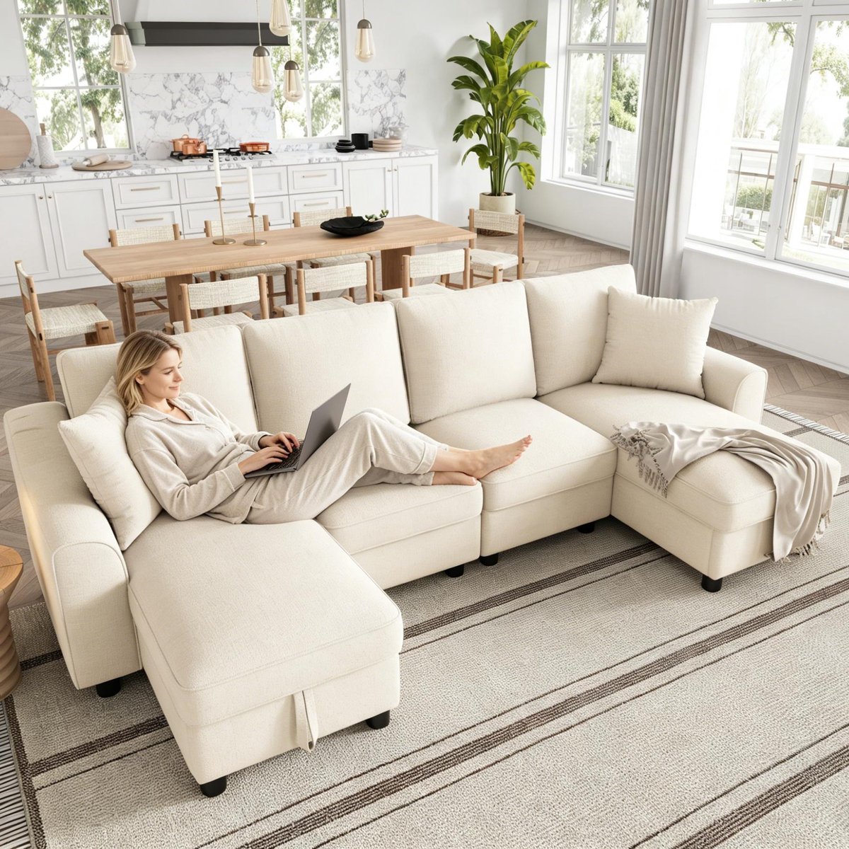 FloraGrace U-Bank 280 x 137 x 84 cm - Met Opbergruimte In Beide Chaiselongues & 2 Kussens - Voor Woonkamer - Chenille - Beige