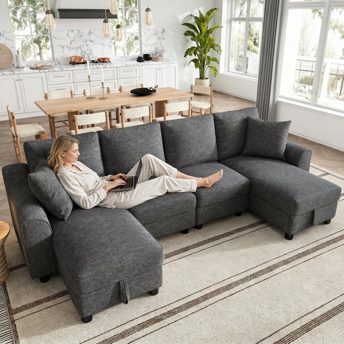 FloraGrace U-Bank 280 x 137 cm - Met 2 Chaise Longues En Opbergruimte - Modern Voor De Woonkamer - Chenille - Grijs