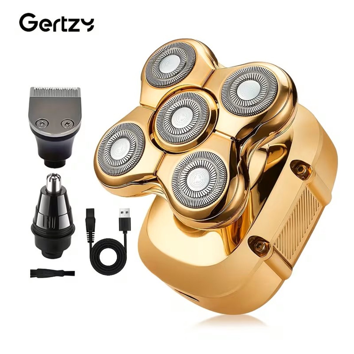 3in1 Gertzy Head Shaver - Digitale 5-Koppen Skullshaver - Usb Oplaadbare Headshaver + Baard/Precisietrimmer + Neustrimmer - Voor de Ultieme Haarverzorging - Digitale Batterij Indicator - Kleur: Goud