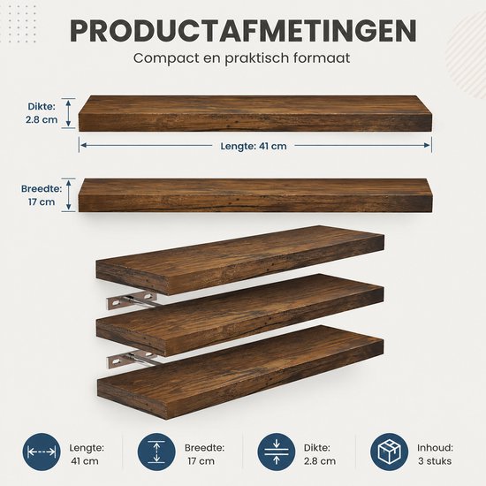 Dimensions des étagères en bois : longueur 41 cm, largeur 17 cm, épaisseur 2,8 cm. Ensemble de 3 pièces.