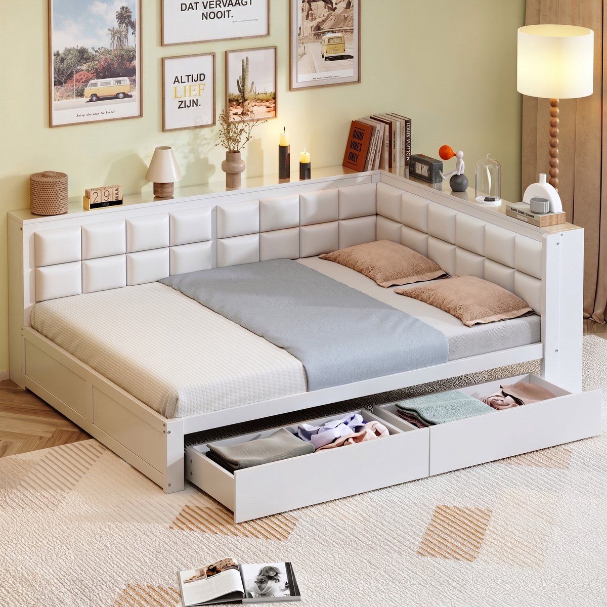 VVBV Bed met opbergruimte 140x200 / Tweepersoonsbed 140x200 – met Lades – Rugleuning – Tienerbed – Grenenhout – Wit – Tienerbed 140x200 White
