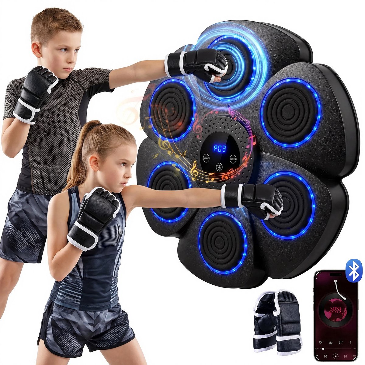Boksmachine - Muzikale boksmachine - Professionele fitnessuitrusting - Slimme boksmachine met Bluetooth - Inclusief bokshandschoenen - Wandgemonteerde interactieve bokstarget, geschikt voor thuis, kantoor en sportschool, volwassenen en kinderen