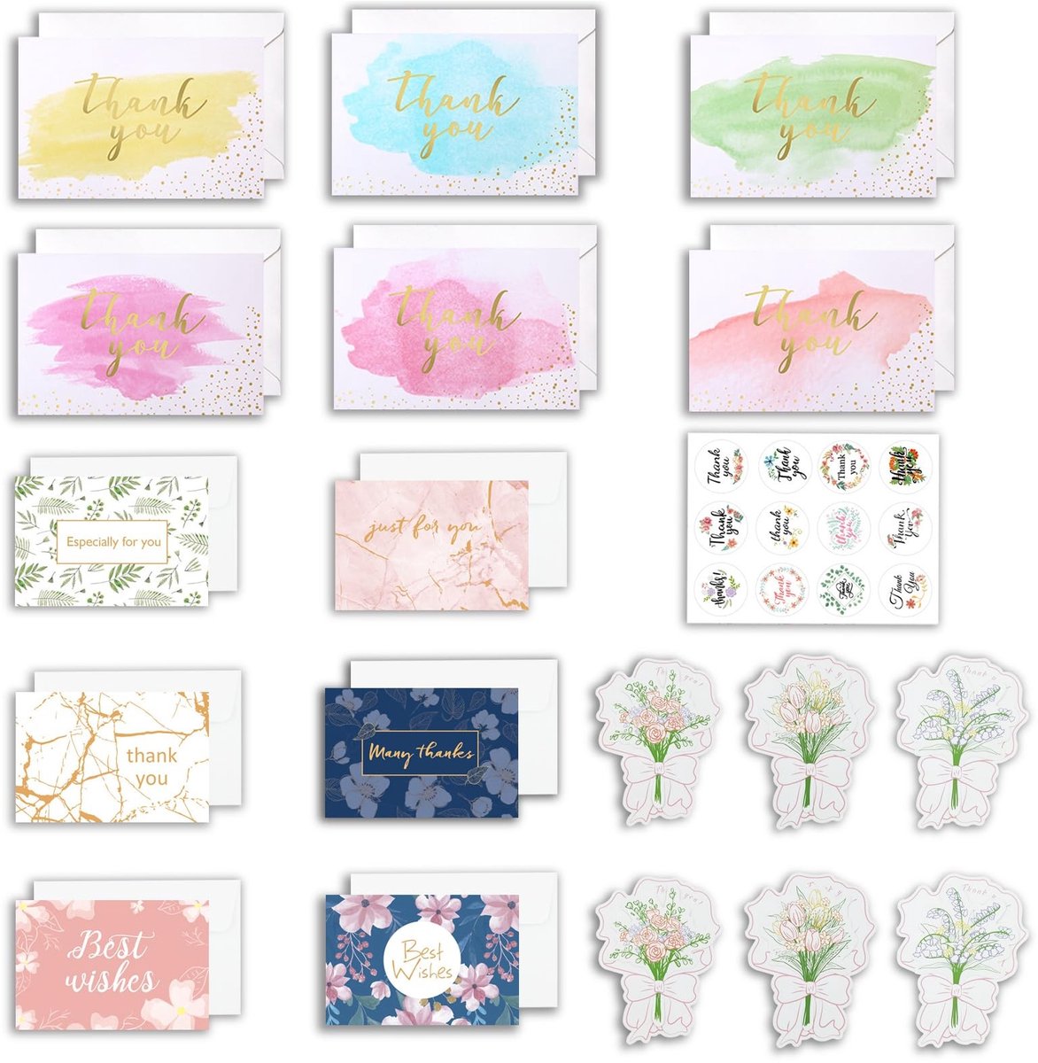 Dailygoods- Bedankkaarten 18 Stuks - Wenskaarten Set - Opvouwbare Kaarten - Inclusief Enveloppen - Stickers - Karton