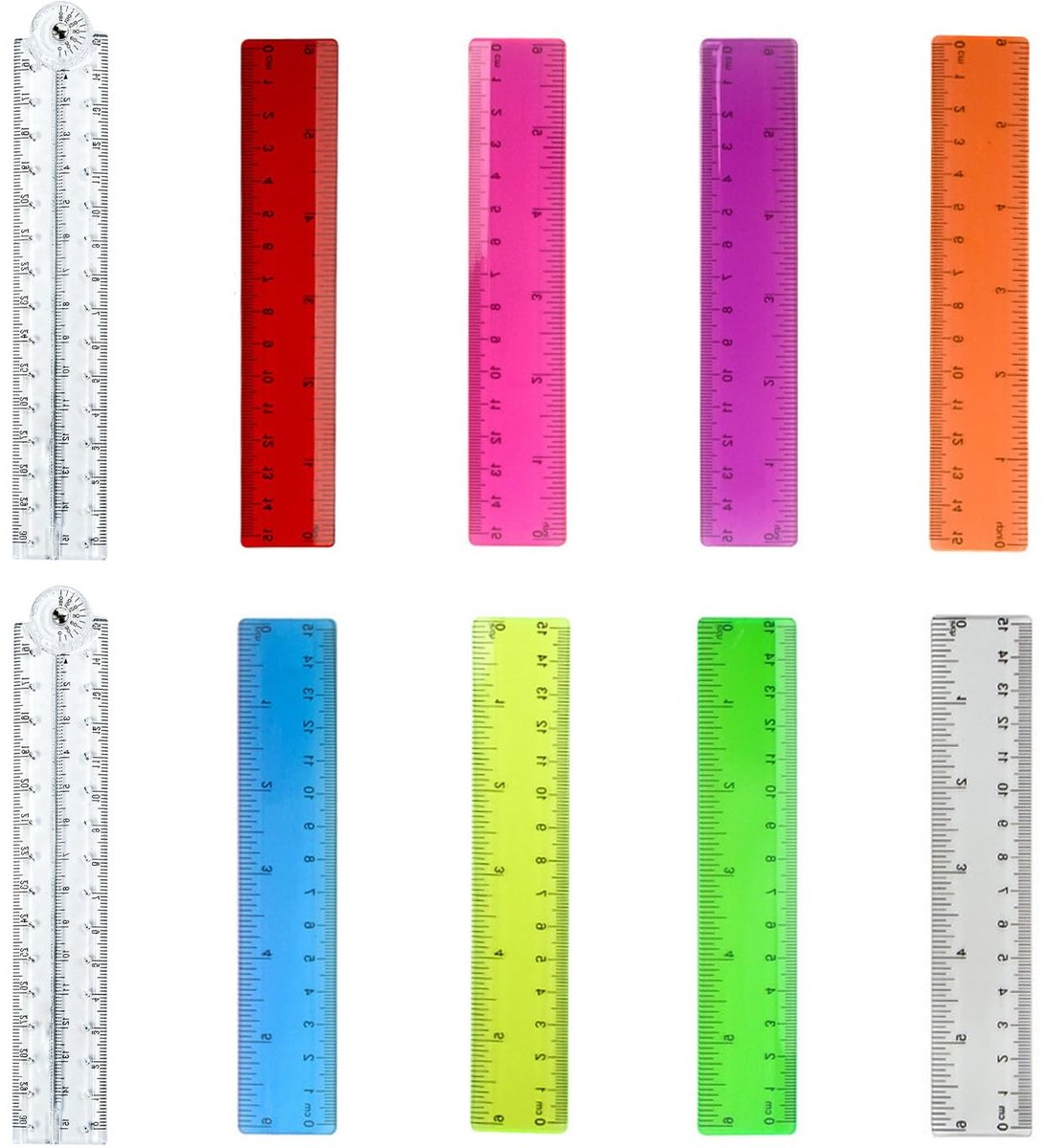 Set van 10 heldere plastic linialen, 15 cm en 30 cm opvouwbaar, ideaal voor school, kantoor en creatieve projecten
