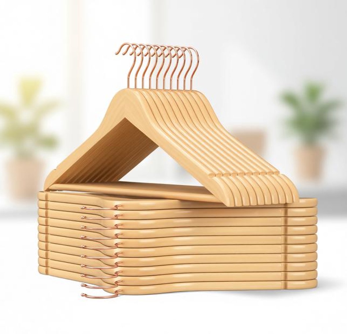 ElleMooi Houten kleerhangers 20 stuks met antislip inkepingen, draaibare haken - voor overhemden, jassen en broeken - houtkleur/roségoud