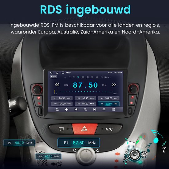 Autoradio met RDS, FM, 87.50 MHz ingesteld.
