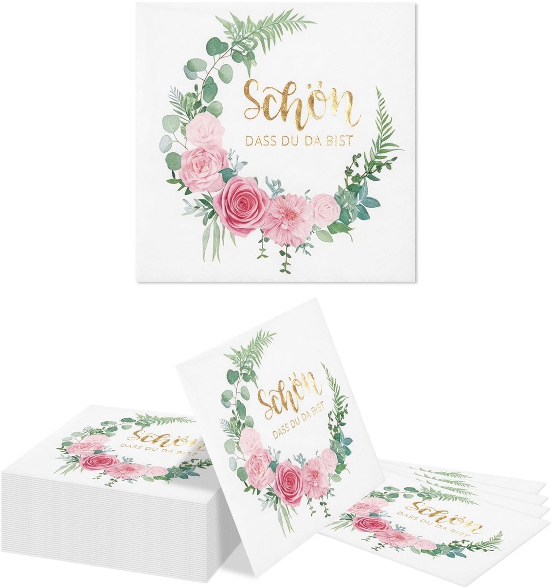 Dailygoods- Papieren Servetten 40 Stuks - 2-laags - Kransmotief - Rozen/Eucalyptus - Voedselgeschikt - Zacht en absorberend - Feestservetten