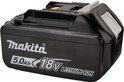Zwarte Makita 18V Lithium-Ion accu, 5.0Ah met witte en gele details.