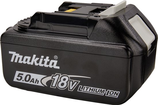 Zwarte Makita 18V Lithium-Ion accu, 5.0Ah met witte en gele details.