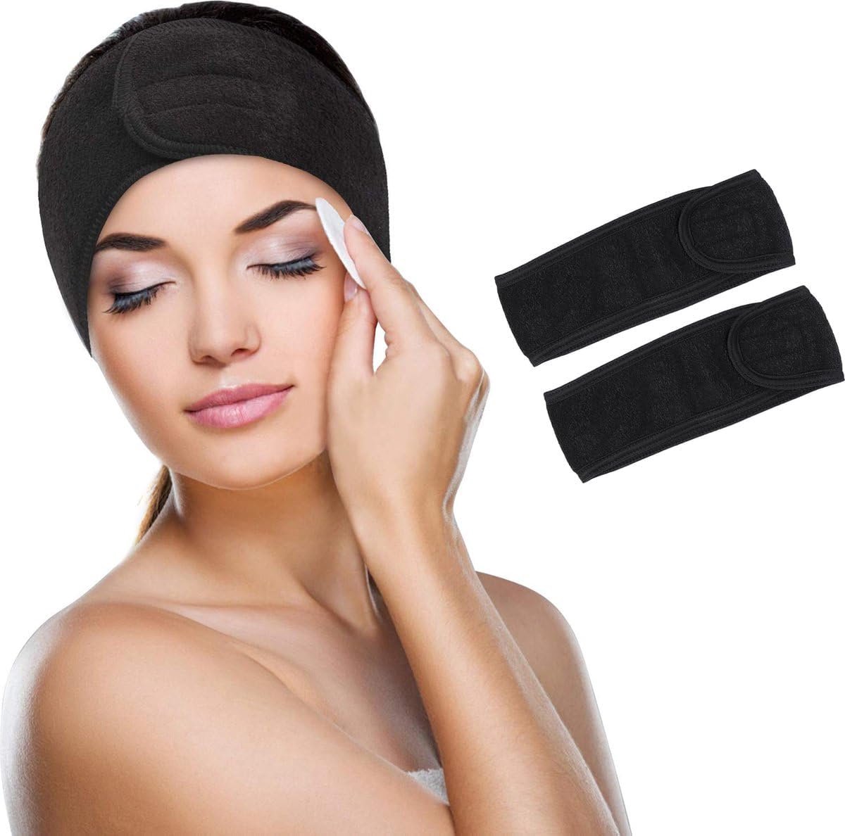 Okado Haarband Badstof 2 Stuks – Zwart – Verstelbare Make-up Haarband met Klittenband – Voor Gezichtsverzorging, Sport en Spa