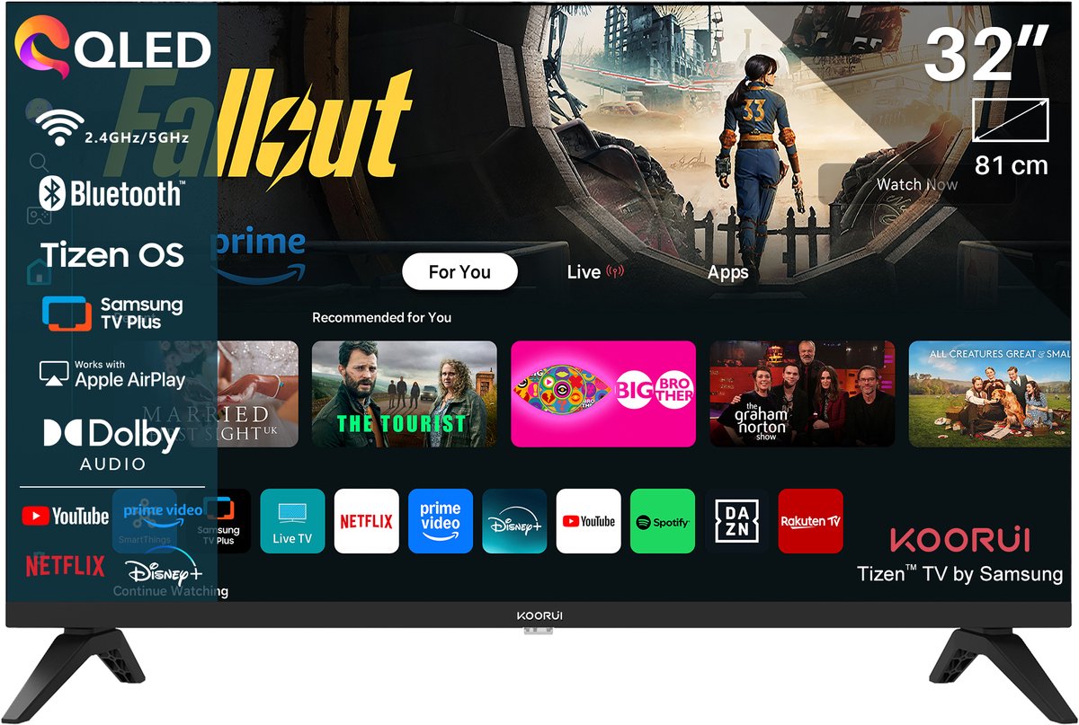 Koorui Smart TV - Tizen TV by Samsung - QLED Full HD - 32 inch/81 cm - Streaming apps - AirPlay - Hotelmodus - HDMI x3, USB x2, CI+ - Tripple Tuner DVB-T/T2/S/S2/C - Frameless Design - Geassembleerd in Eindhoven - K32Q1FFQ-T8