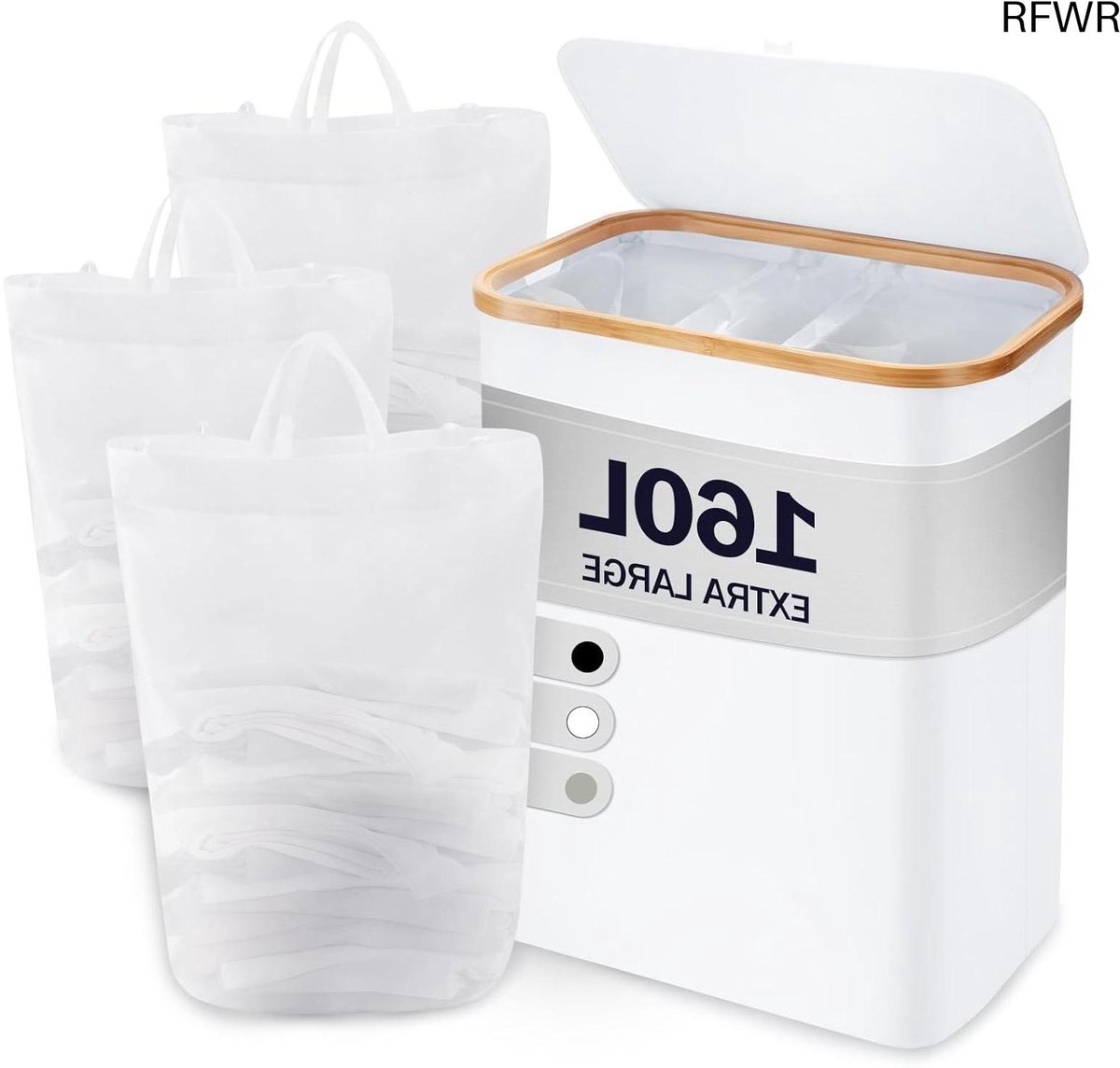 Wasmand met deksel Was sorter Kleding organiseren Drie compartimenten 160 liter Wit