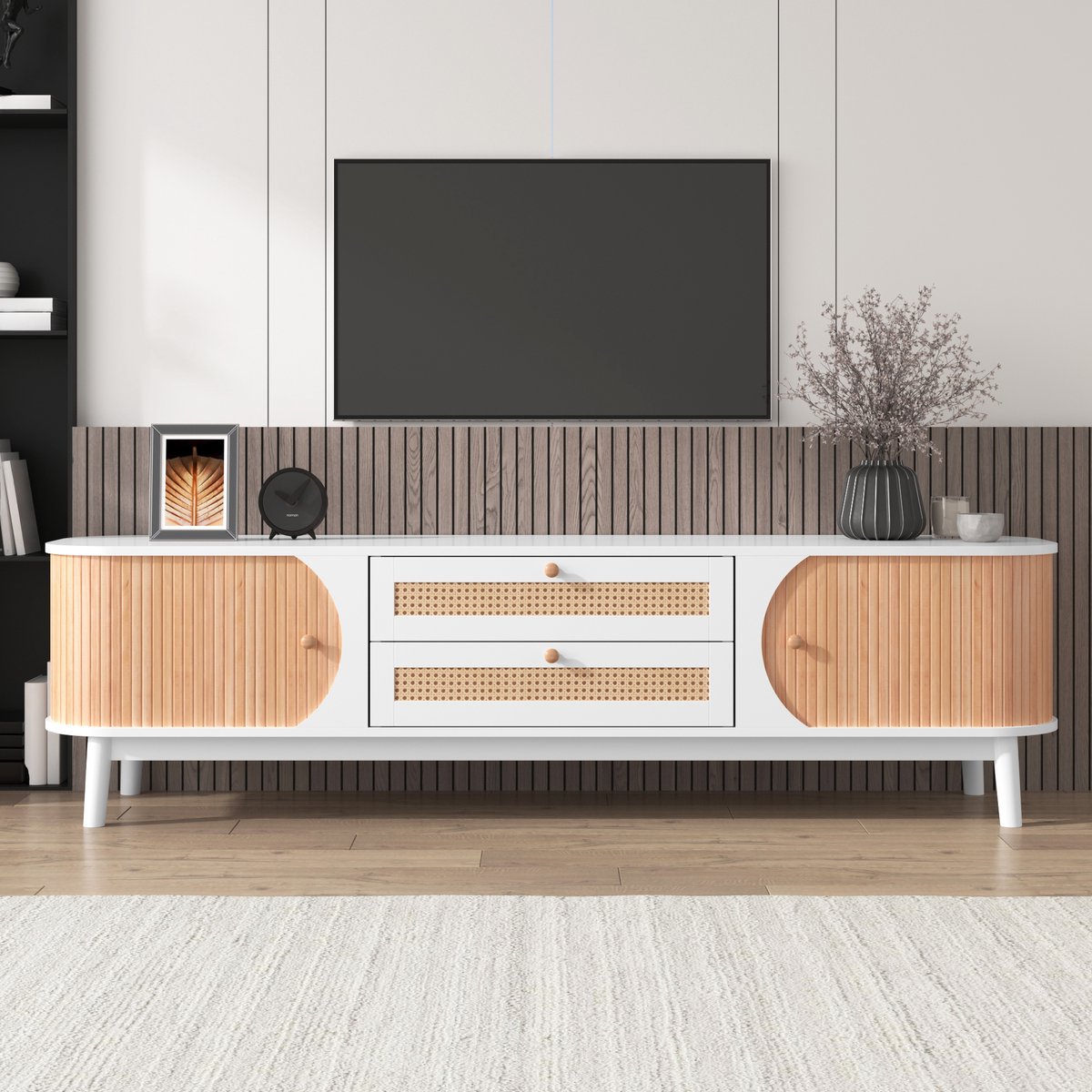 Rotan TV-meubel 170 cm Wit – TV-kast met Deuren en Laden