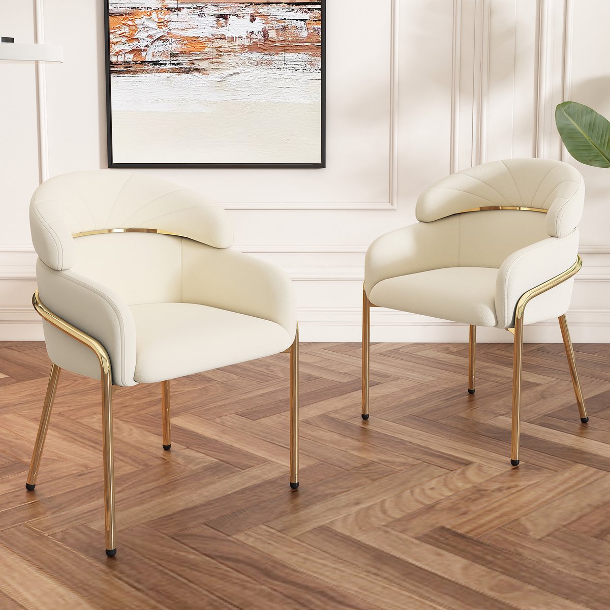 MODFU - Eetkamerstoelen Set Van 2 - Fluweel - Metalen Poten - Modern - Voor Woonkamer Of Slaapkamer - Beige