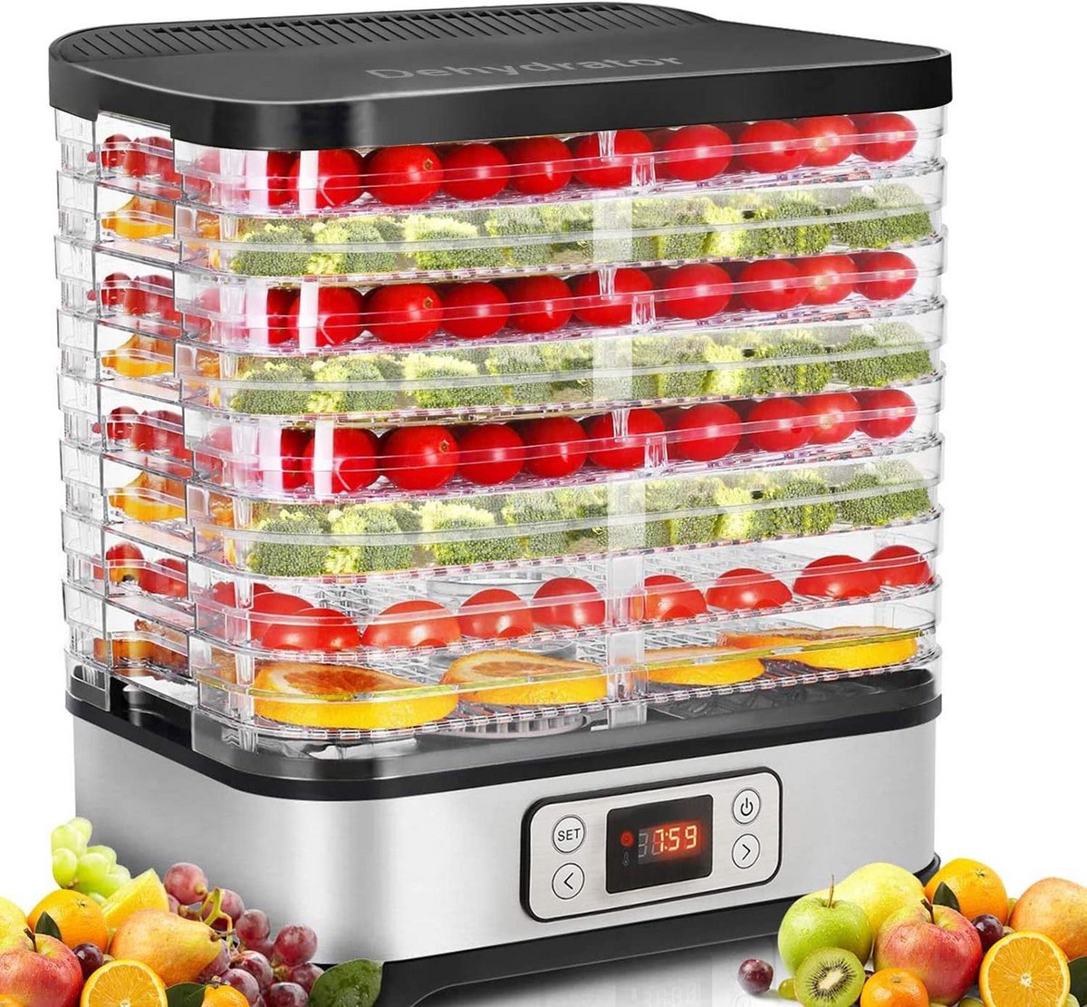 Voedseldroger - Drogermachine Dehydrator - Gezonde Snacks Maken - 8 Verwijderbare Lagen - 35-70 Graden - Zilver