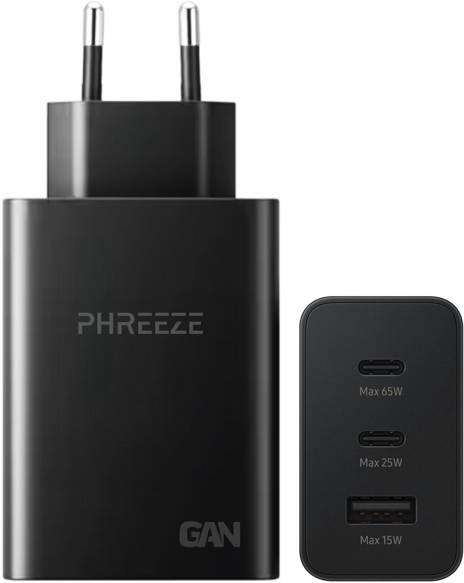USB-C Oplader 65W - Snellader - 2x USB-C & 1x USB-A - GaN - Oplader Meerdere Poorten - USB-C Stekker - Voor Laptop & Telefoon - Zwart