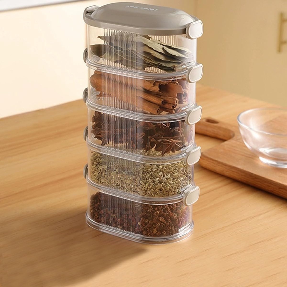 Lekvrije kruidenopbergdoos voor keuken, vriezerbestendig en eenvoudig te vergrendelen, ideaal voor graan en voorraadorganisatie (grijs, vijf lagen)