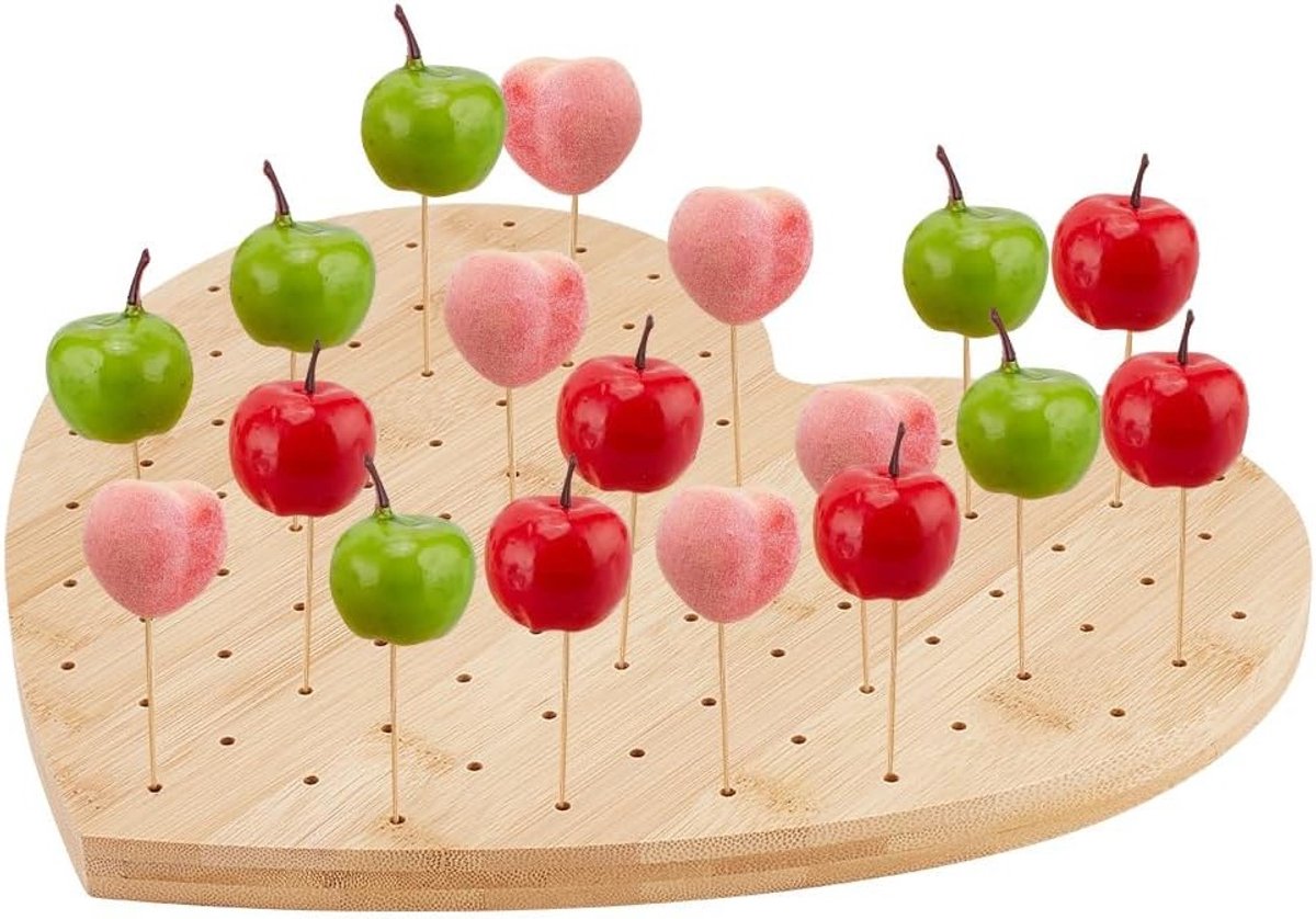 Heart Shape Bamboo Skewer Holder for Food Display - 99 Holes Lollipop Display Stand - BurlyWood Color Wooden Appetizer Food Pick Display Holder for Baby Shower Birthday Cocktail Party