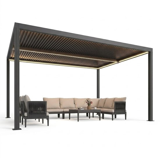 Pergola noire moderne avec toit à lamelles réglables et éclairage LED intégré, photographiée sur fond blanc.