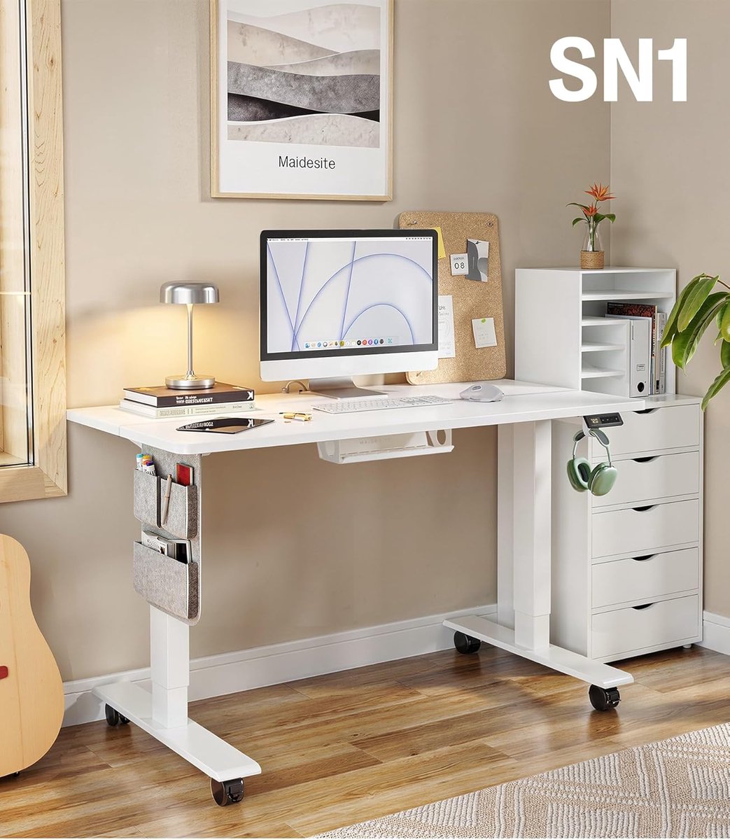 Mobili Bella FlexiRise Elite Elektrisch Zit-Sta Bureau 100 x 60 cm Verstelbaar Bureau met Geheugenfunctie, Kabelgoot, Opbergvakken, Haak en Wielen voor Thuiswerkplek en Kantoor Wit thumbnail 3