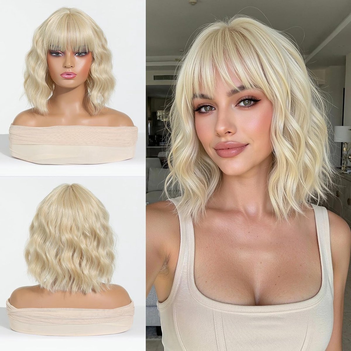 Korte Golvende Blonde Bob Perucque met Pony - Schouderlange Krullende Synthetische Cosplay Perucque voor Dames - 12 Inch, Perfect voor Feestjes en Dagelijks Gebruik