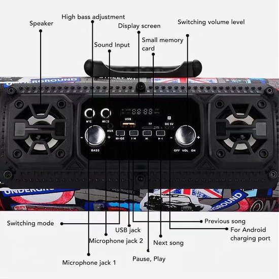 Bluetooth Speaker - Draadloze Luidspreker - Karaoke Speaker - Bluetooth Subwoofer - Smart Speaker - Met Microfoonfunctie - Muziekbox voor Auto - Cadeau voor Mannen - Party Speaker - USB - AUX - TF Kaart - Oplaadbaar - Zwart - Street Style - Draagbaar van Merkloos — afbeelding 4