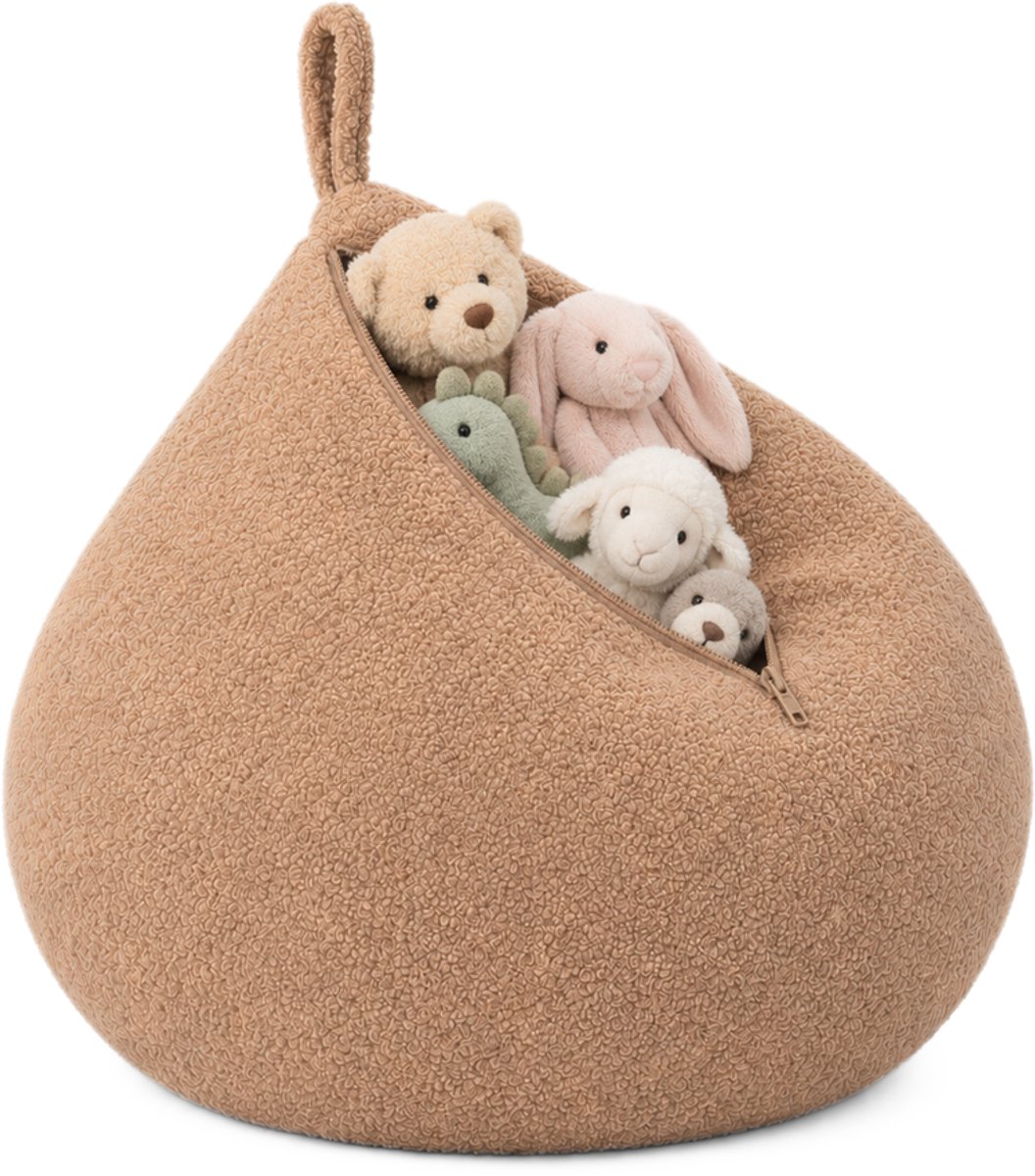 Flumi 2-in-1 - Opbergpoef - Voor Knuffels, Speelgoed en Textiel - Zonder Vulling - Teddystof - Donkerbeige