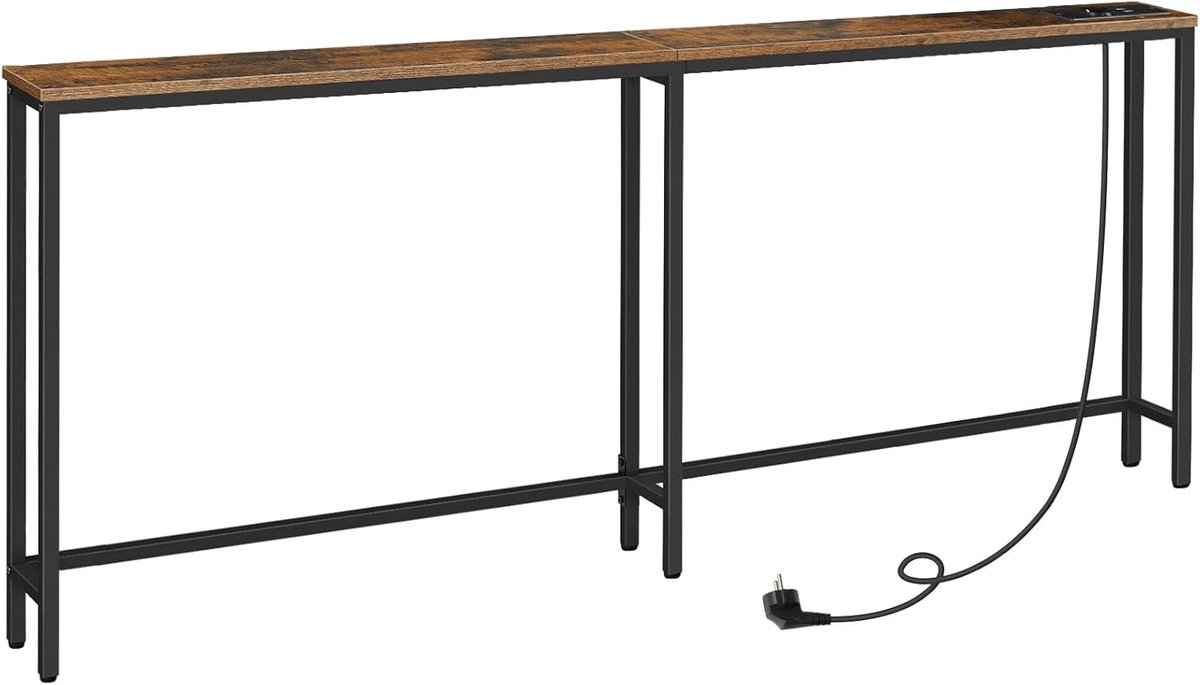 HOMESY Smalle consoletafel met stekkerdoos, 200 x 15 x 80 cm , consoletafel met laadstation, smalle banktafel, console achter de bank, voor entree, hal, Rustiek Bruin en Zwart
