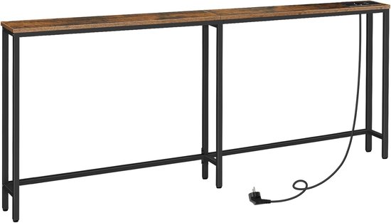 Lange, smalle donkerbruine tafel met zwart metalen frame en een stekkerdoos aan de rechterkant.
