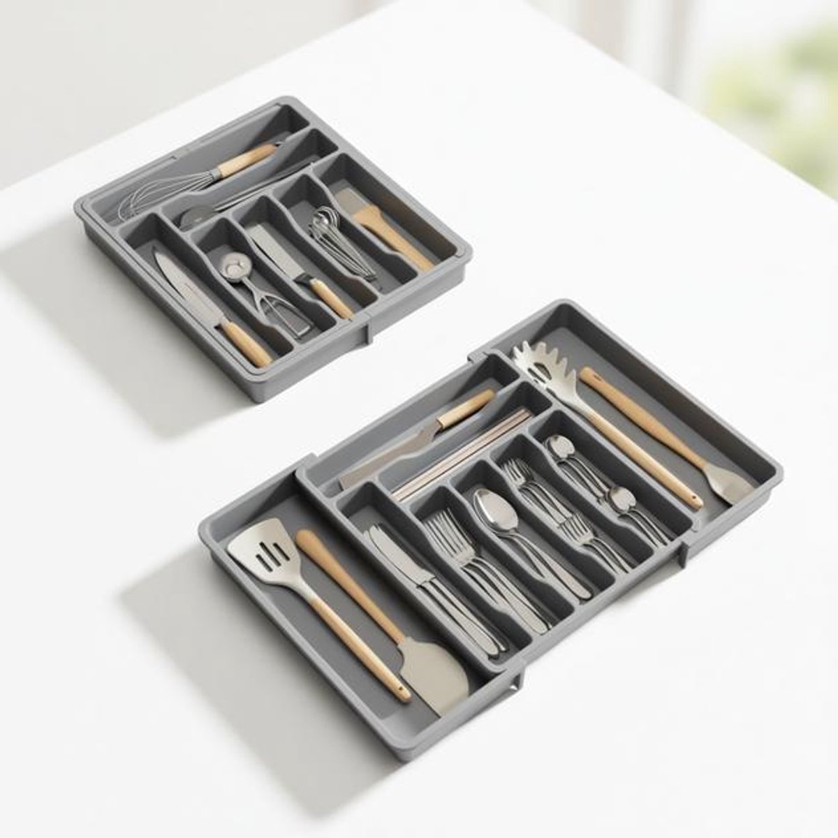 ElleMooi Bestek Lade Organisator, Uitbreidbare Bestekbak voor Keukenlade, Verstelbare Houder voor Keukengerei en Zilverwerk, Plastic Besteklepels Vorken Messen Houder Opbergvak, XL, Grijs