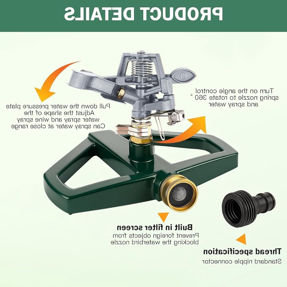 Draaibare gazonsproeier met metalen sokkel voor efficiënte tuinirrigatie en optimale plantbewatering, geschikt voor grote oppervlakken