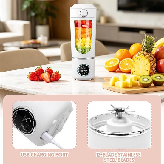 Draagbare Mixer - Mini Blender - Verse Dranken Maken - 12 Roestvrijstalen Messen - 700 ml - Wit — afbeelding 3