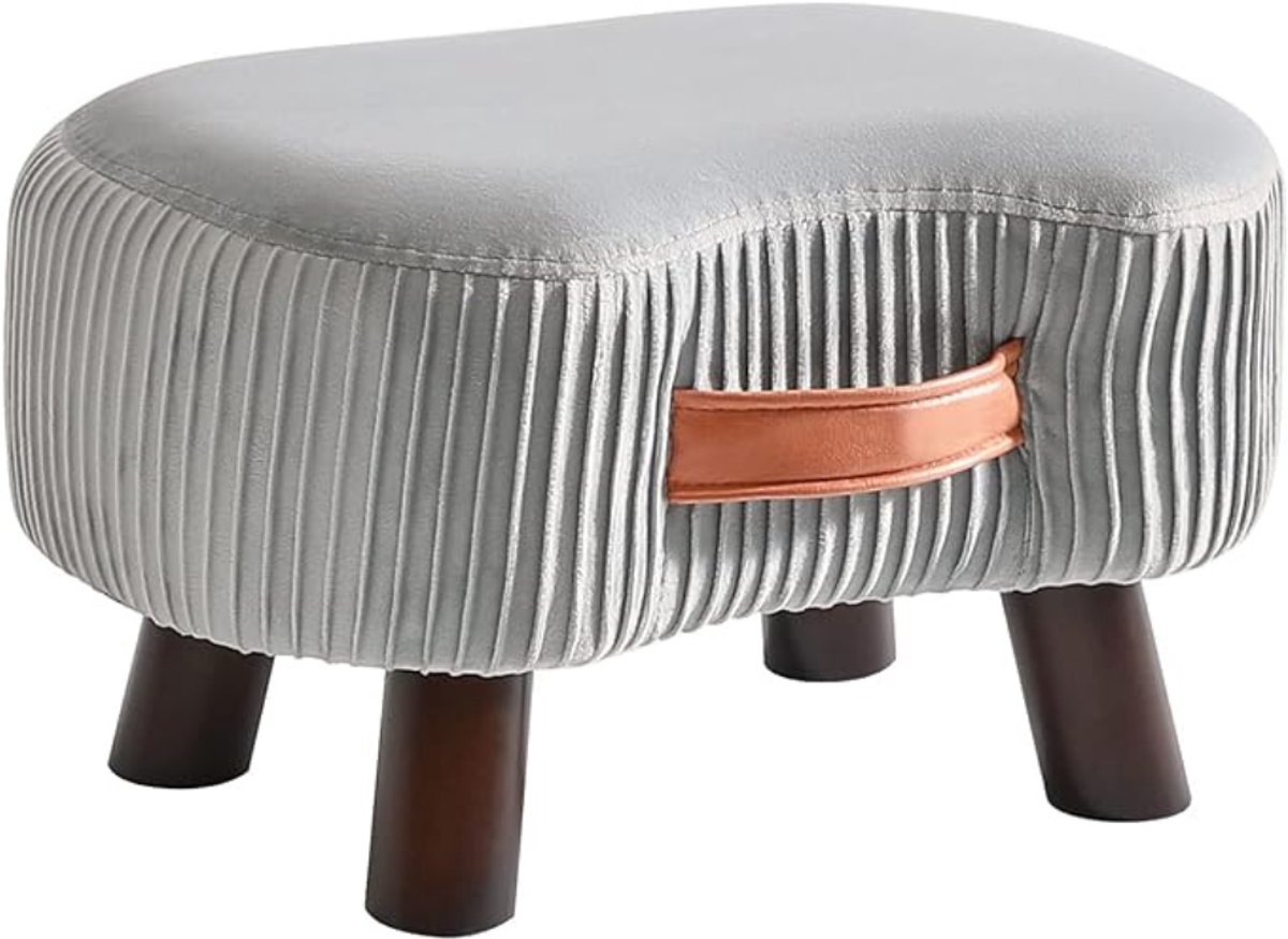 Verte Voetenbankje - Voetenbankje - Houten Poef - Klein Gebogen Voetenbankje met Handvat - Bankpoef met Zacht Zitkussen - Voor de Slaapkamer - Woonkamer - Hal - 40×28×23 cm - Grijs