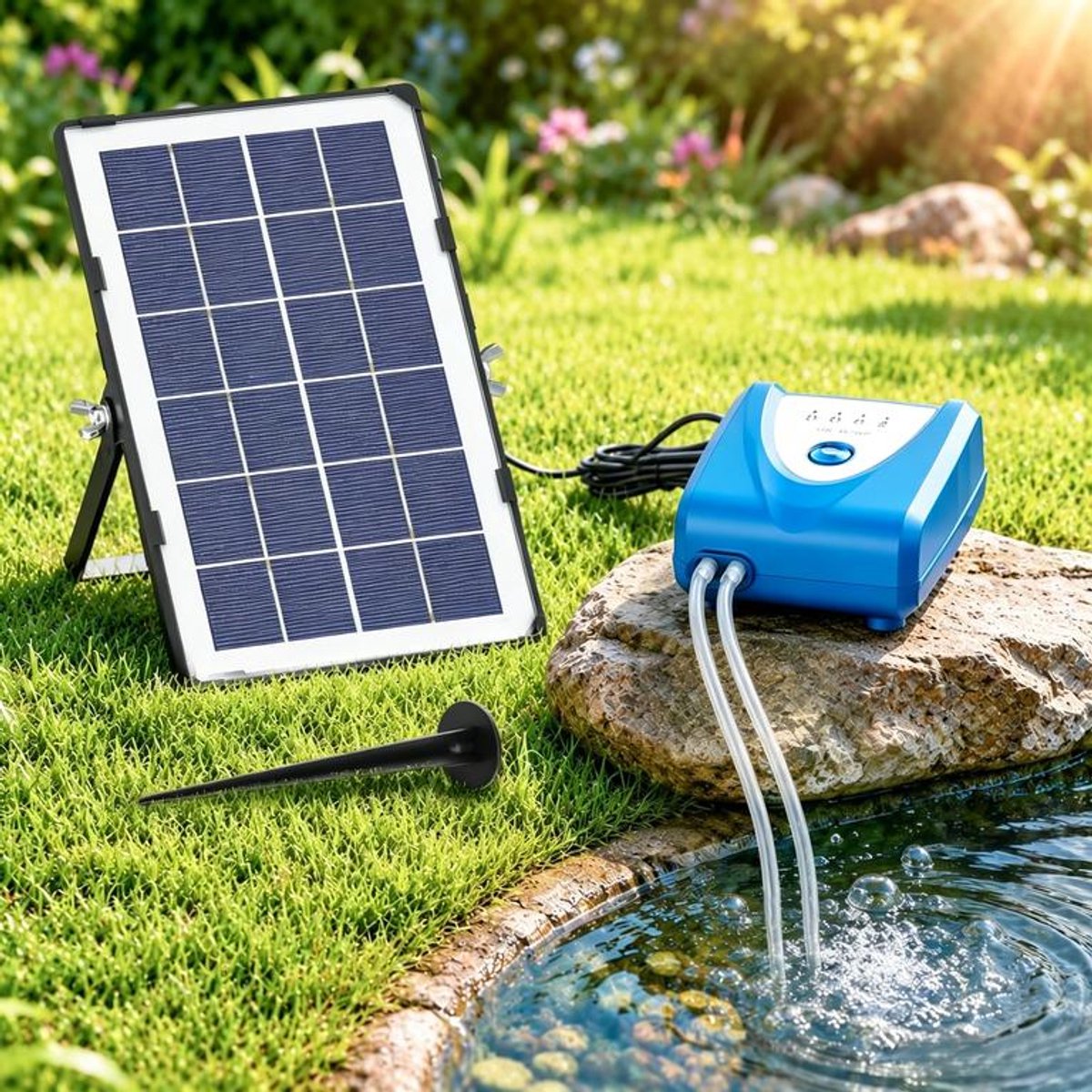 KZQ Vijverpomp zonneenergie - Zonne-luchtpomp - Aquarium luchtpomp - Beluchter - 3 snelheden instelbaar - 4000 mAh - 3,7 W - Geschikt voor aquariums thuis, vijvers en tuinen - Blauw
