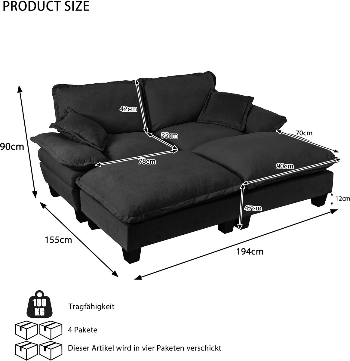 STILVORA Hoekbank 194 x 151 cm - Modulaire Zetel Met 2 Verplaatsbare Ottomanen - Voor Woonkamer En Appartement - Chenille - Zwart