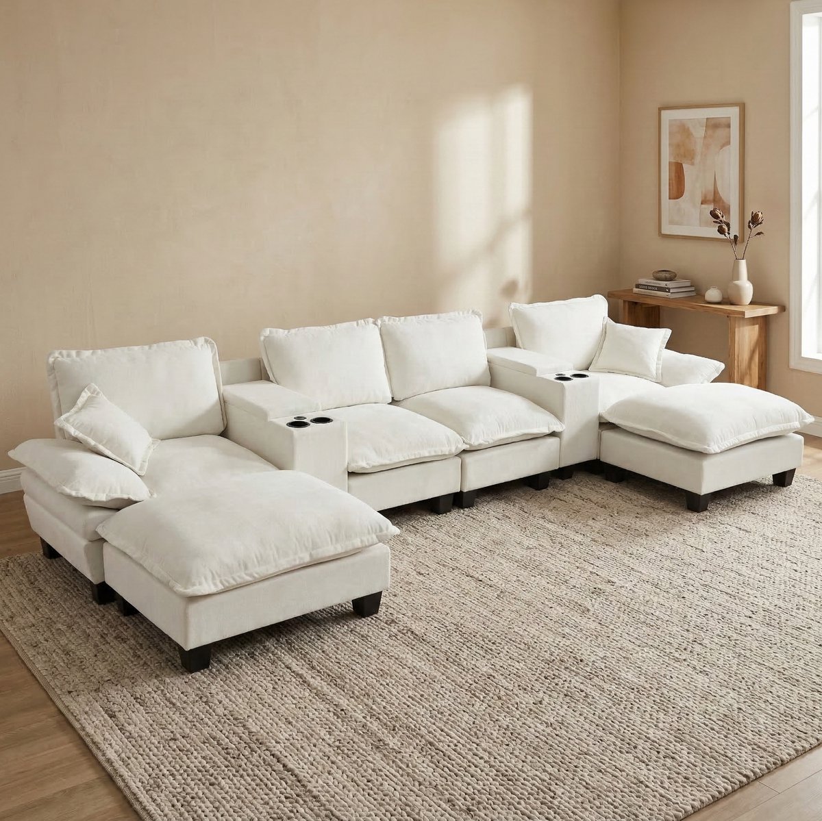 OKWISH U-Bank 392 x 151 x 90 cm - Met Opbergruimte, USB En Ottomanen - Voor Woonkamer Of Appartement - Chenille - Beige