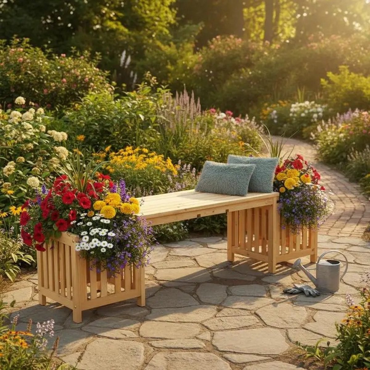 Dailygoods 2-persoons houten terrasbank met plantenbak en 2 zijbloembakken - naturel