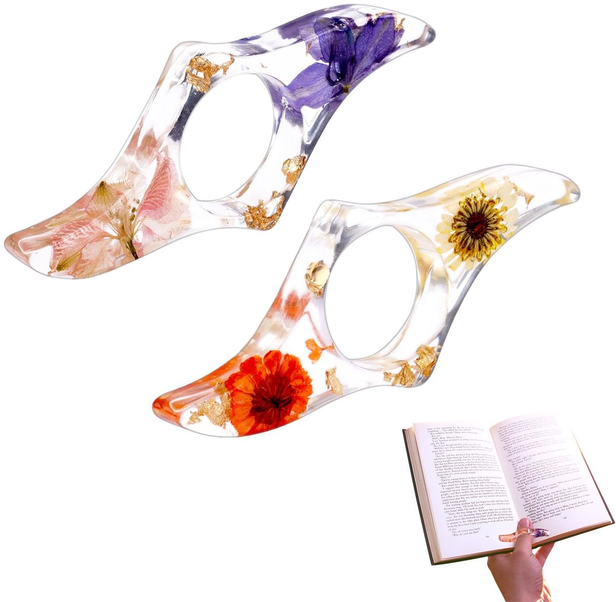 Dailygoods- Boekenplankhouder 2 Stuks - Hars Bladwijzer - Gedroogde Bloemen - Duimring - Leesaccessoires - Praktisch Ontwerp