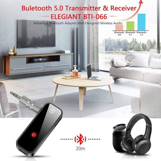 Bluetooth Audio Adapter - Draadloze Ontvanger Zender - Muziek Streamen - Low Latency Audio - 10 Meter Bereik - Zwart — afbeelding 2