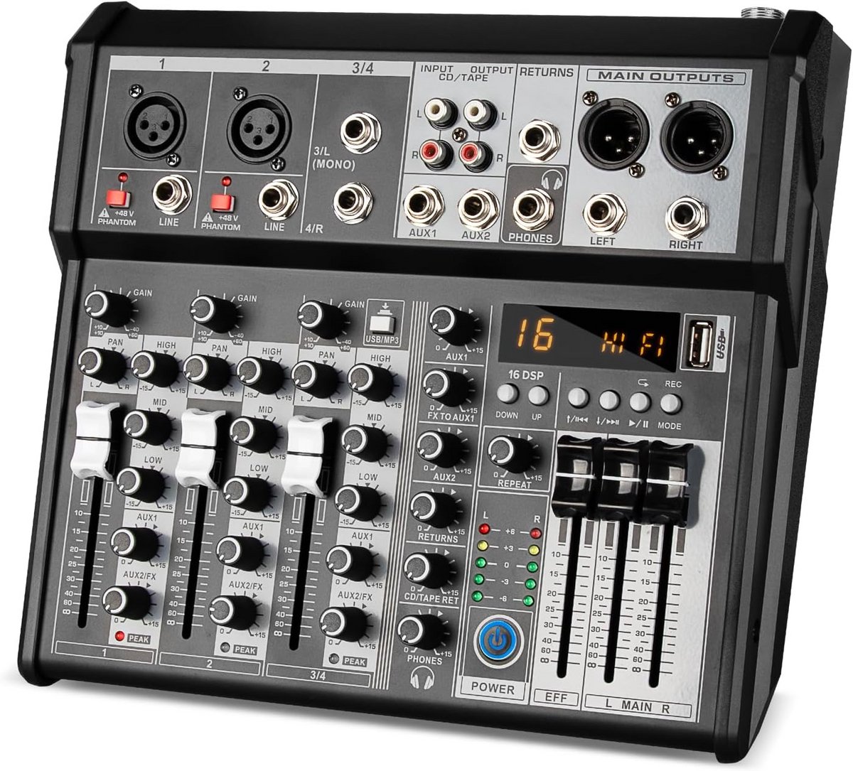 Professionele 4-kanaals audiomixer met Bluetooth en 48V fantoomvoeding voor studio en livestream