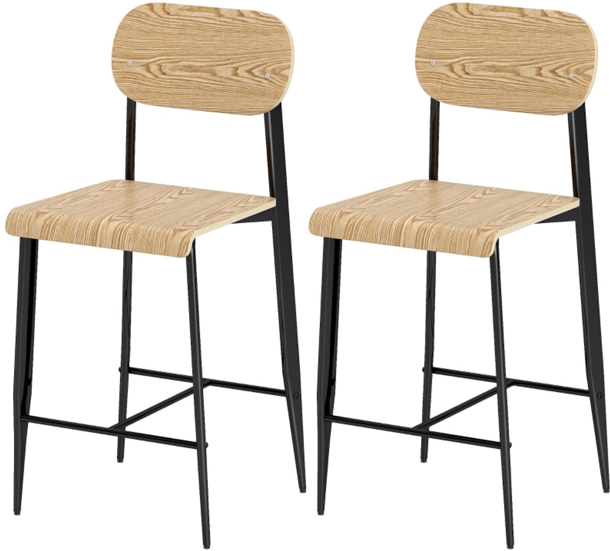 Clruro Barstoel - 2 Stuks - Industrie Design Barstoel Met Voetsteun - Metalen Frame - Houten Zitting - 66 cm - Naturel / Zwart Natuurlijk Hout