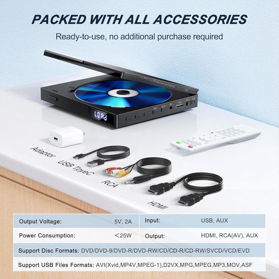 Compacte DVD Speler - Home Cinema - Films Kijken - Regio Vrij - 1080p HDMI - Zwart — afbeelding 2