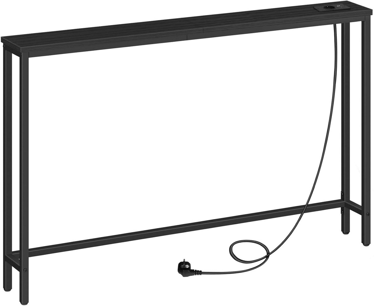 HOMESY Consoletafel met stopcontacten en USB-aansluitingen, 120x15x80 smalle consoletafel met oplaadstation, bijzettafel, voor foyers, gangen, Zwart
