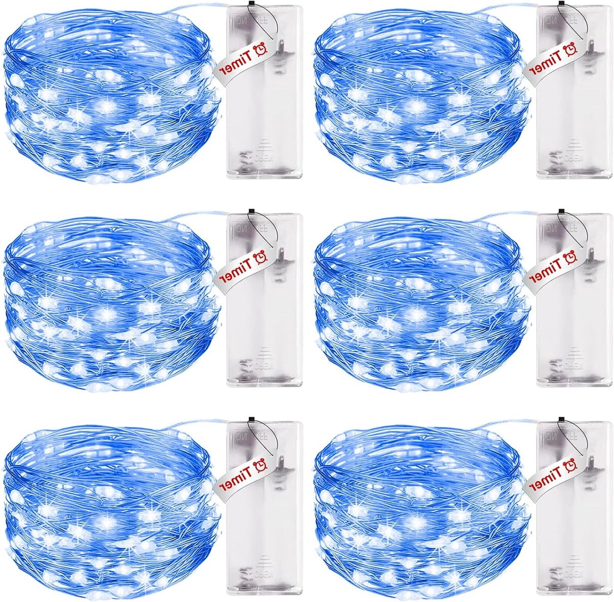 Accu Aangedreven Sfeerverlichting met Timer - 3 Meter 30 LED Waterdichte Koperen Draad Lichten voor Feesten, Kerst en Bruiloften - Blauw, Set van 6