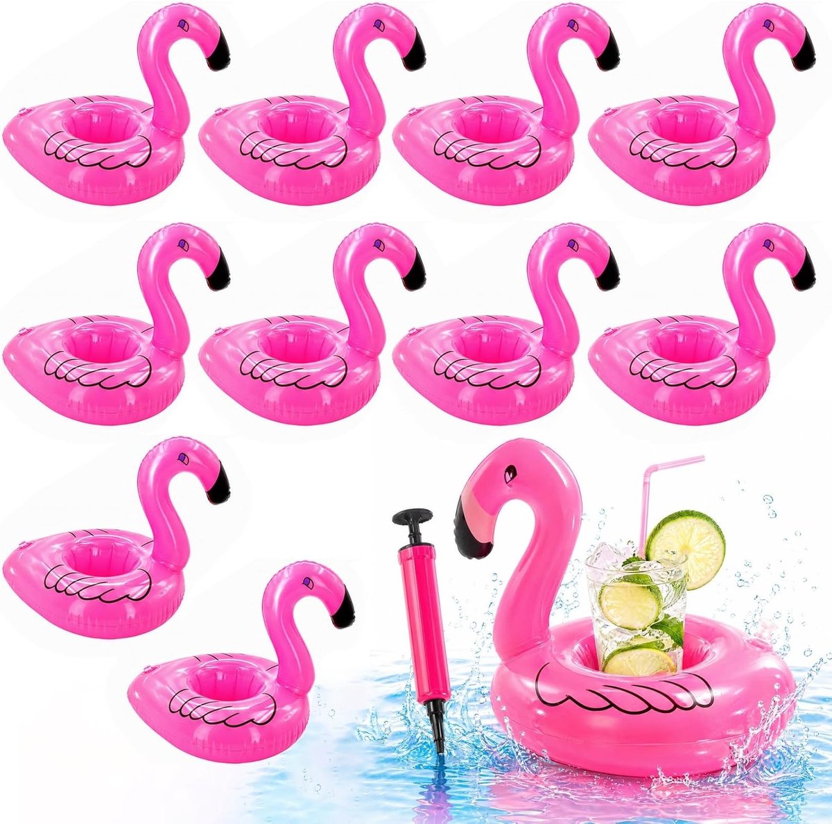 Opblaasbare bekerhouders voor zwembad - 10 stuks met luchtpomp, perfect voor feestjes, strand en badplezier