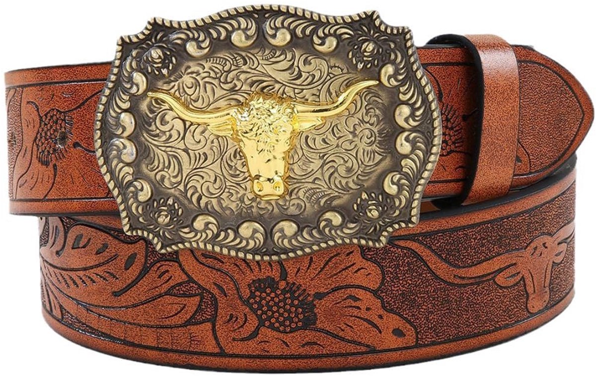 SOUQONE- Cowboyriem met stierenkop gesp - Leer - 120 cm lang - Westernstijl - Eén maat - Opvallend ontwerp - Riem