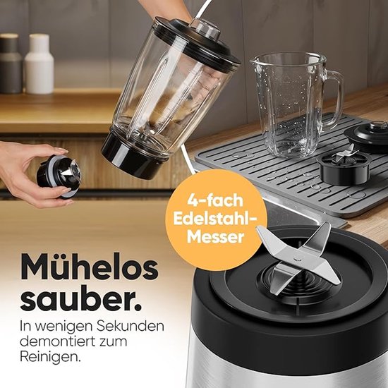 Staande Mixer - Blender 700W - Smoothiemaker 1,5L - BPA-vrij - Massief Glazen Kan - 4-voudig RVS Mes - Ice Crush Functie - 3 Snelheden - Turbofunctie - Deksel met Vulopening - UM 6084 CB — afbeelding 4