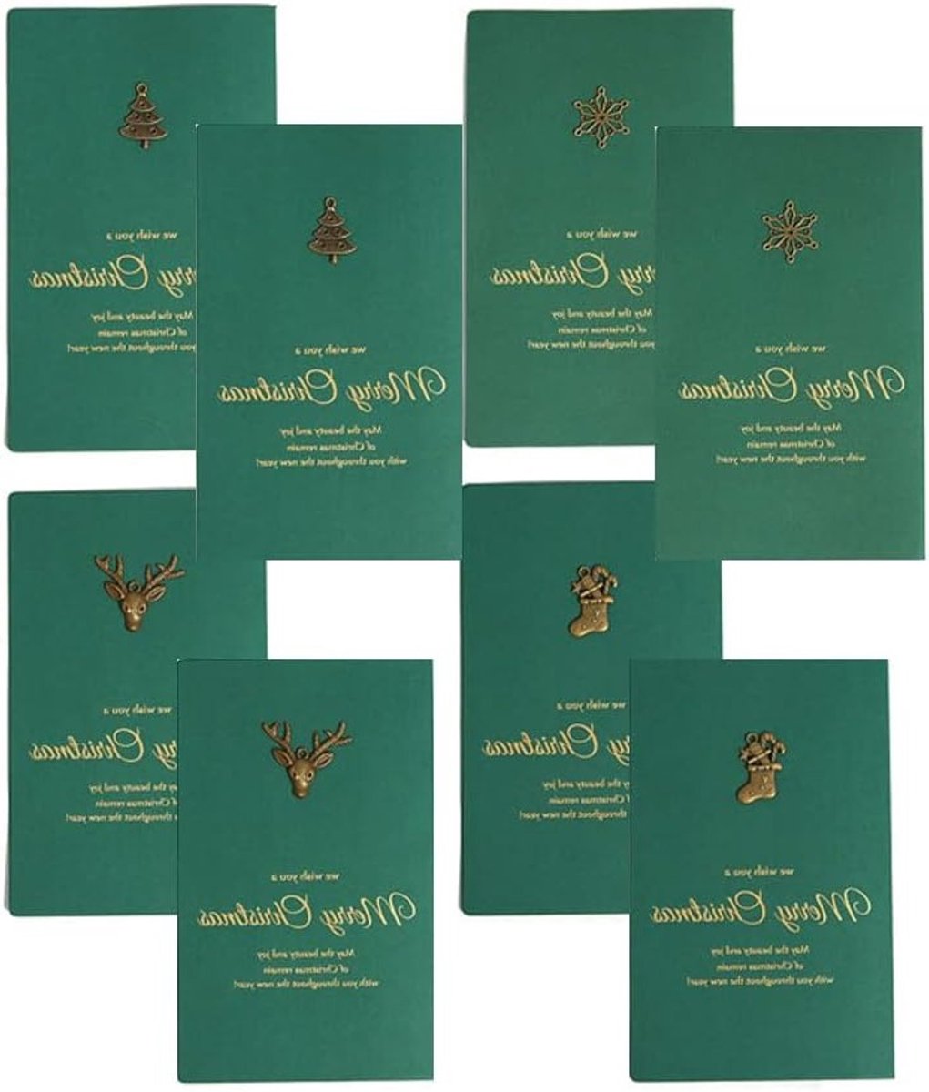8 stuks kerstkaarten set met nostalgische vouwkaarten voor Kerstmis - Kraft kaart - envelop - feestelijk groen - retro/vintage-stijl - 4 ontwerpen (10.5 * 17 cm)